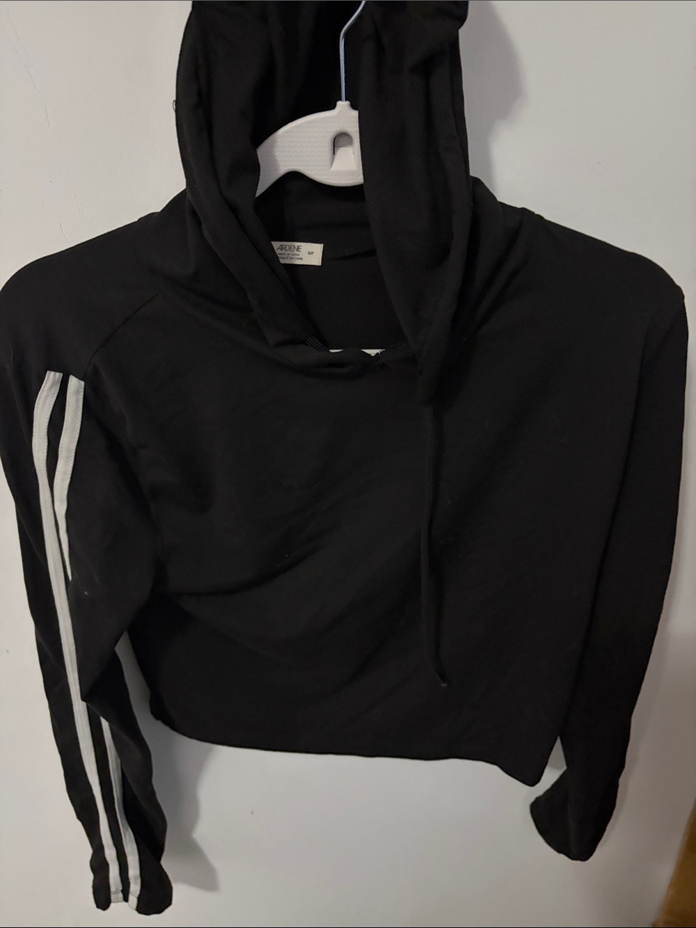 Ardene Black Cropped Hoodie with White Sleeve Stripes